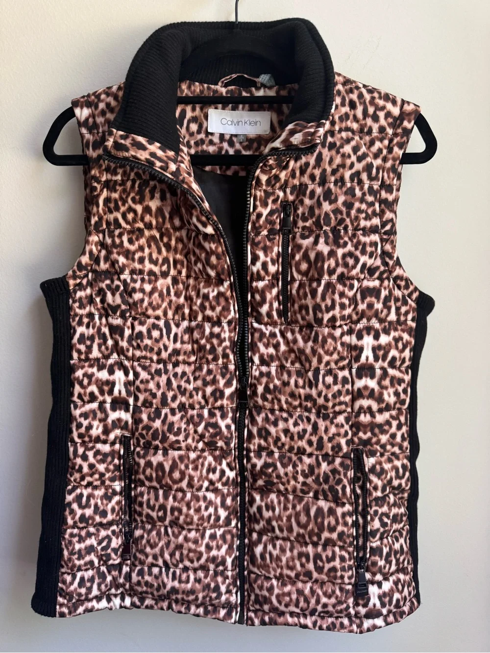 Calvin Klein Leopard Quilted Vest in Brown and Black